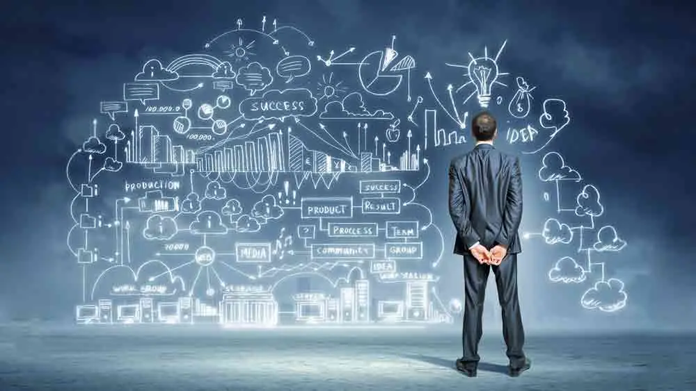 Hombre observando un diagrama de estrategia empresarial con ideas, éxito y procesos.